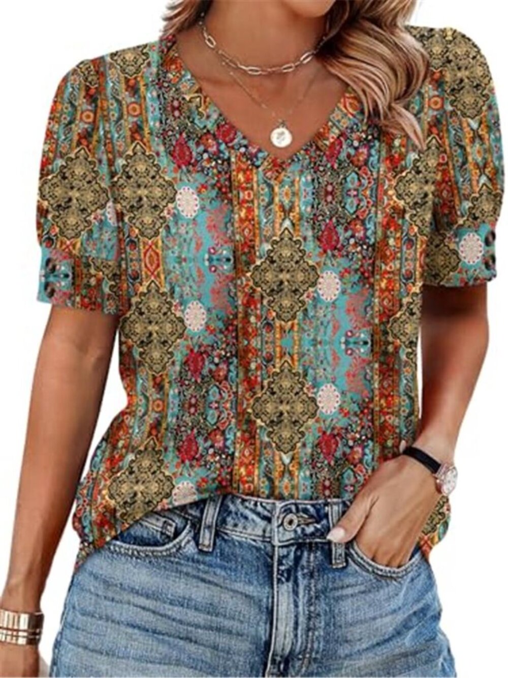 Womens V Neck Blouse Short Sleeve Dressy Casual Summer Loose Fit Top Plus